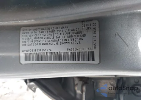 2003 Volkswagen Passat Gls из США, поврежденный, VIN WVWPD63B53P351274